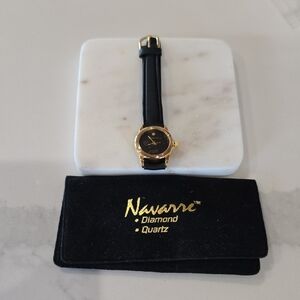 Navarre Gold-Tone Black Leather Strap Watch